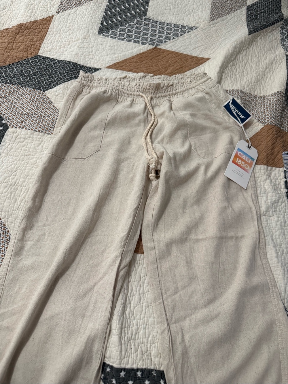 Cream Drawstring Linen Pants